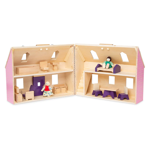 Foldable wooden dollhouse painted pink on the exterior with natural wood interior, featuring handcrafted miniature purple furniture and two small wooden dolls, ideal for indoor play and children's toy collections.