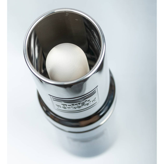 Handcrafted stainless steel gravity water filter with ceramic filtration element, designed for portable clean water in camping, emergency supplies, and garden tool collections.