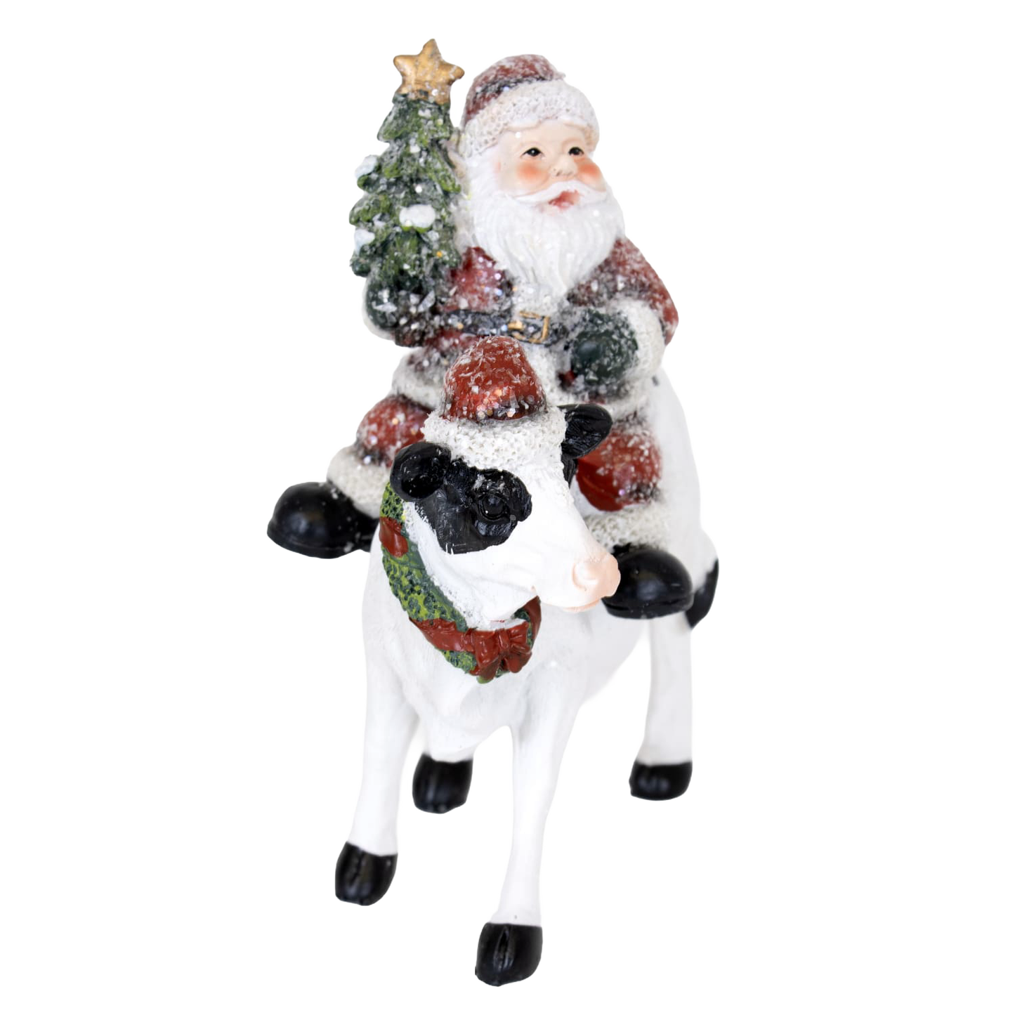 Handcrafted 6-inch resin figurine featuring Santa riding a festive cow adorned with a Christmas wreath and tree, perfect for Home & Decor, Holiday Decor, Best Sellers, and Promo Eligible collections.