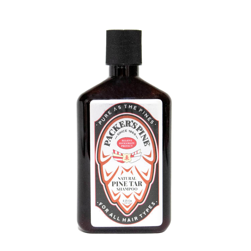 Dark amber bottle of handcrafted natural pine tar shampoo with white label featuring traditional design, highlighting scalp relief and invigoration, part of USA Made health collections.