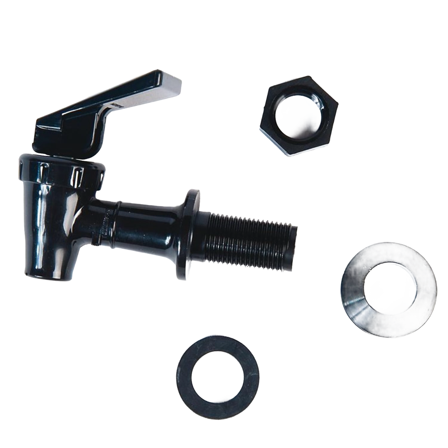 Black replacement spigot with threaded mount, wingnut, and washers, suitable for gravity water filter systems, featured in Appliances, Emergency Supplies, and Water Heating and Treatment collections.