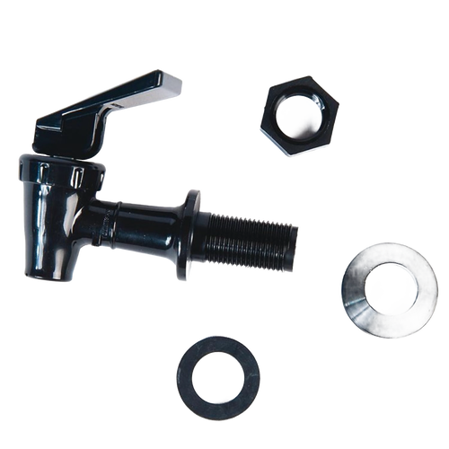 Black replacement spigot with threaded mount, wingnut, and washers, suitable for gravity water filter systems, featured in Appliances, Emergency Supplies, and Water Heating and Treatment collections.