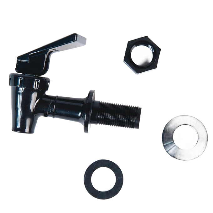 Black replacement spigot with threaded mount, wingnut, and washers, suitable for gravity water filter systems, featured in Appliances, Emergency Supplies, and Water Heating and Treatment collections.
