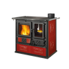 Red ceramic and cast-iron wood cook stove with firebox window and small oven, featuring a vitrified majolica exterior, designed for Stoves, Cookstoves, and Best Sellers collections.