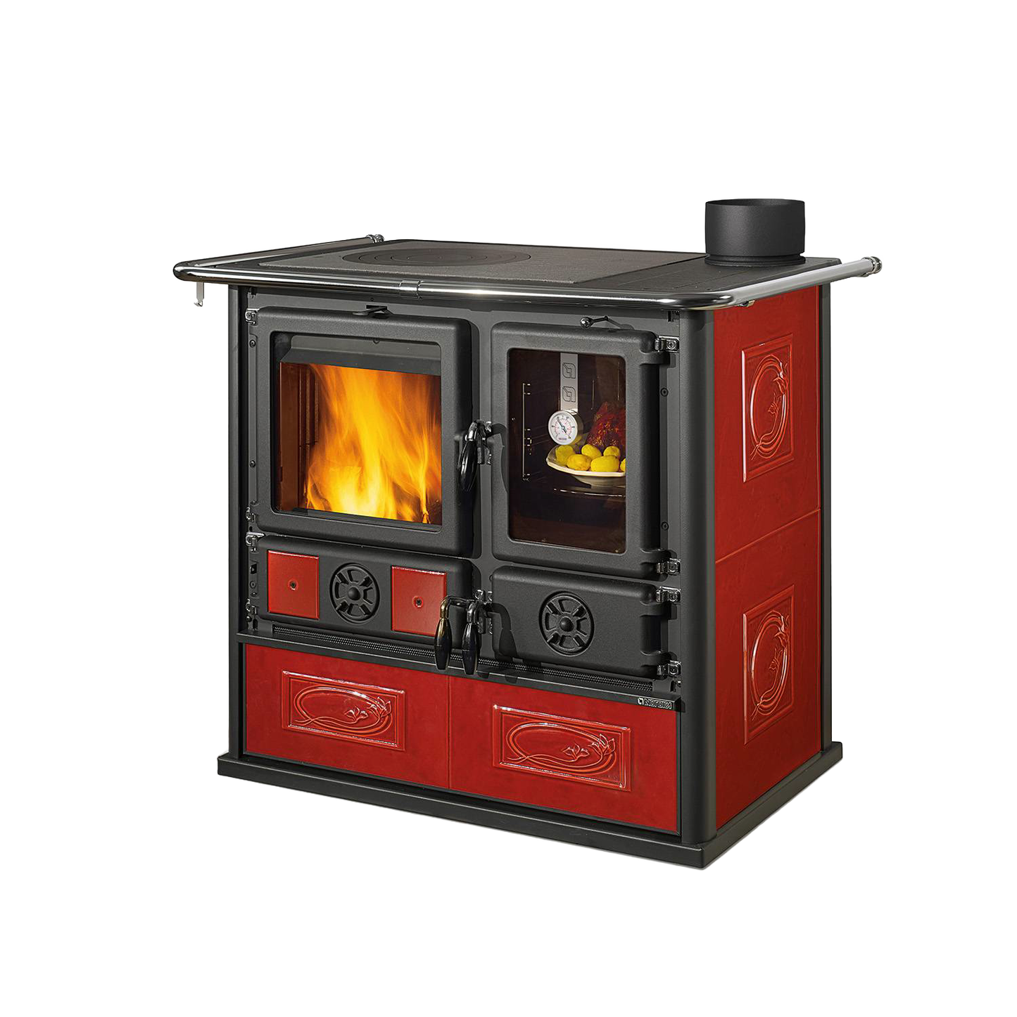Red ceramic and cast-iron wood cook stove with firebox window and small oven, featuring a vitrified majolica exterior, designed for Stoves, Cookstoves, and Best Sellers collections.