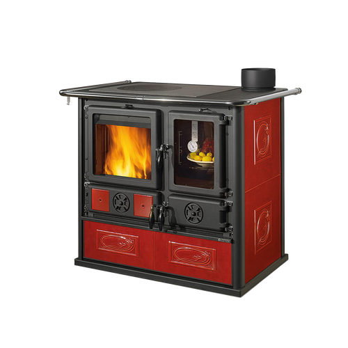 Red ceramic and cast-iron wood cook stove with firebox window and small oven, featuring a vitrified majolica exterior, designed for Stoves, Cookstoves, and Best Sellers collections.