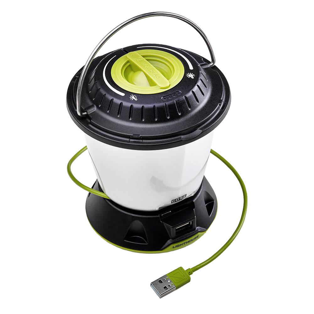 Compact rechargeable lantern featuring a black top with green dial, white diffused light body, metal hanger, and USB charging cable, ideal for emergency supplies and lamps & lighting collections.
