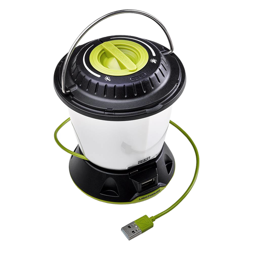 Compact rechargeable lantern featuring a black top with green dial, white diffused light body, metal hanger, and USB charging cable, ideal for emergency supplies and lamps & lighting collections.