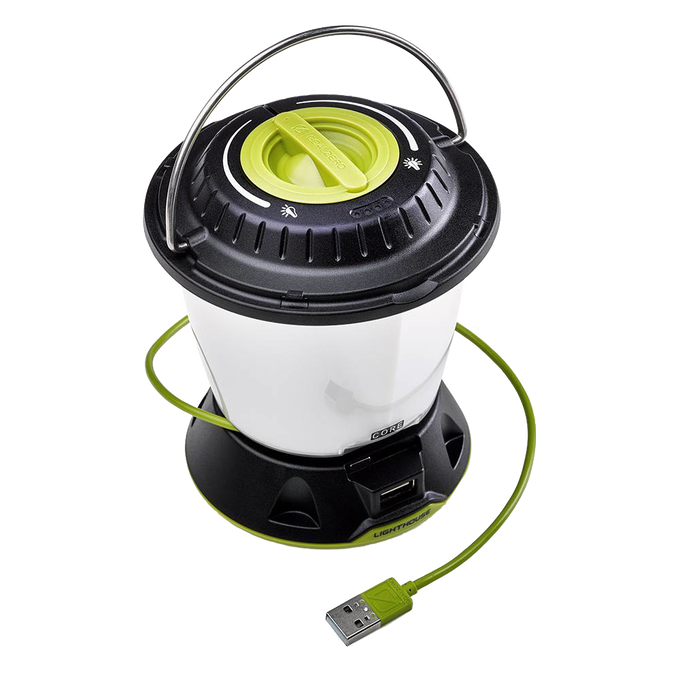 Compact rechargeable lantern featuring a black top with green dial, white diffused light body, metal hanger, and USB charging cable, ideal for emergency supplies and lamps & lighting collections.
