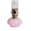 Handcrafted limited edition oil lamp with pink Crown Tuscan glass base and bright metal burner, featuring a clear tall chimney, ideal for Lamps & Lighting, Oil Lamps, Table Lamps, and Best Sellers collections.