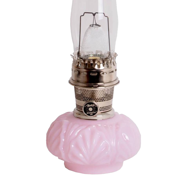 Handcrafted limited edition oil lamp with pink Crown Tuscan glass base and bright metal burner, featuring a clear tall chimney, ideal for Lamps & Lighting, Oil Lamps, Table Lamps, and Best Sellers collections.