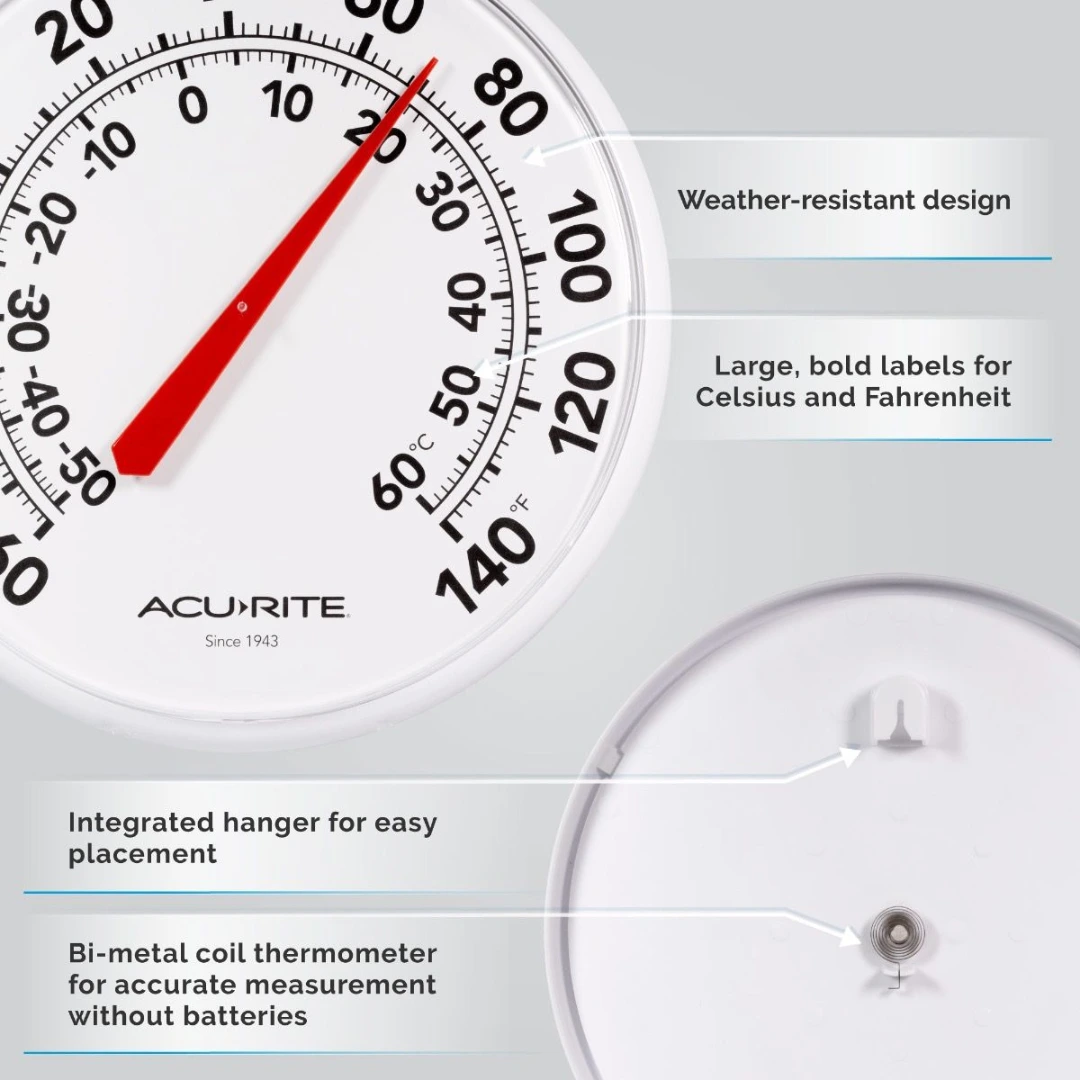 Close-up of a white indoor outdoor thermometer with large black numbers for Celsius and Fahrenheit, red needle, weather-resistant design, and integrated hanger, featured in Farm, Garden & Tool and Garden Accessories collections.
