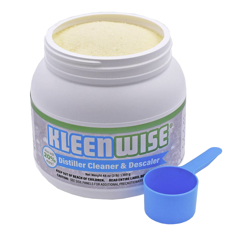 White plastic container of Kleenwise distiller cleaner and descaler with a blue scoop, designed for use in appliances, water heating and treatment, and USA made collections.