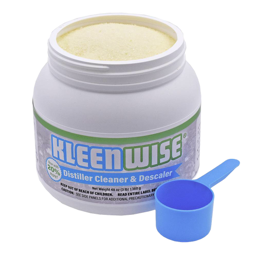 White plastic container of Kleenwise distiller cleaner and descaler with a blue scoop, designed for use in appliances, water heating and treatment, and USA made collections.
