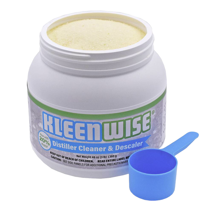 White plastic container of Kleenwise distiller cleaner and descaler with a blue scoop, designed for use in appliances, water heating and treatment, and USA made collections.