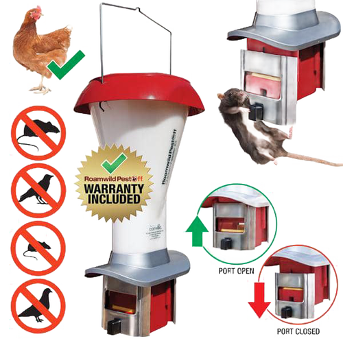 Roamwild PestOff chicken feeder kit with weight-activated rodent-proof mechanism, designed for Farm, Garden & Tool, Animal Care, and Chicken Accessories collections.