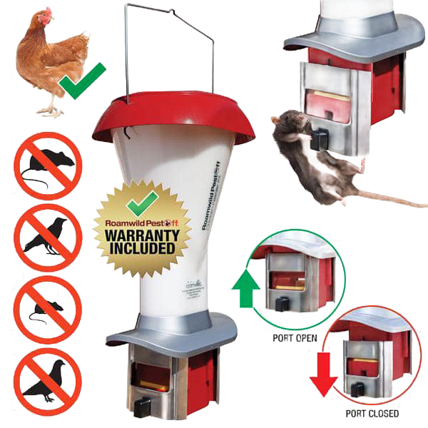 Roamwild PestOff chicken feeder kit with weight-activated rodent-proof mechanism, designed for Farm, Garden & Tool, Animal Care, and Chicken Accessories collections.