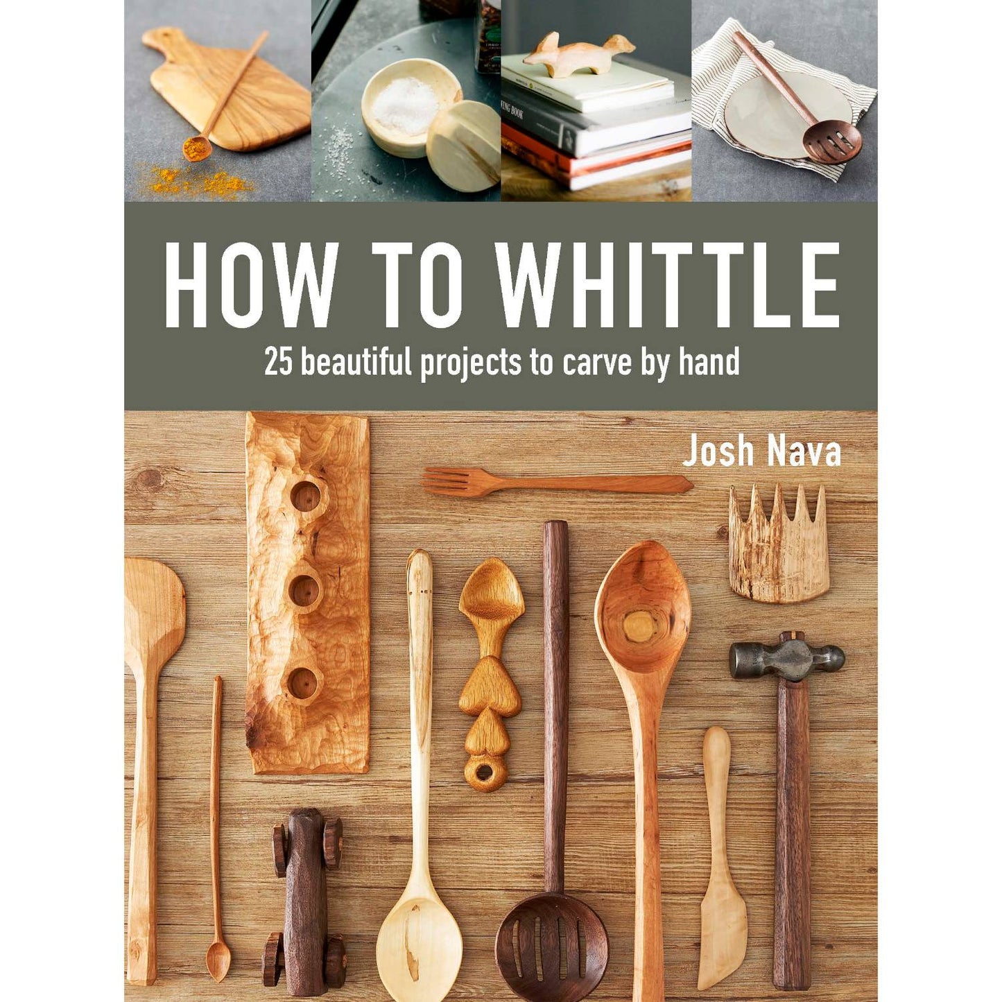 Book cover featuring handcrafted wooden utensils and tools arranged on a wooden surface, showcasing traditional carving projects, part of Toys, Books & Games, Books, and Home and Garden How-To Books collections.