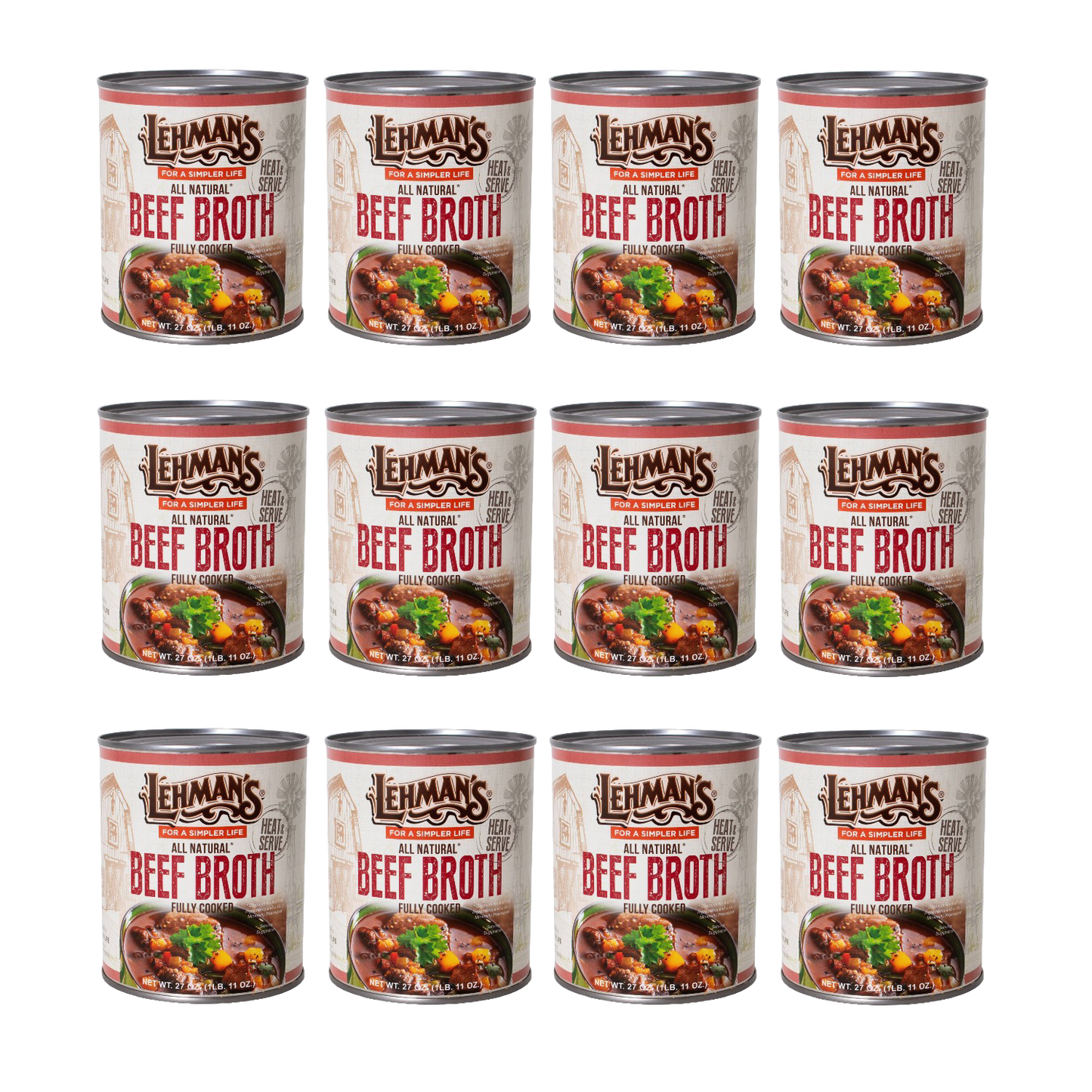 Twelve cans of handcrafted all-natural beef broth labeled for convenient use in stews, soups, and casseroles, featured for Farm, Garden & Tool, Kitchen & Food, Emergency Supplies, Food, Meats, Best Sellers, and Promo Eligible collections.