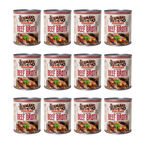 Twelve cans of handcrafted all-natural beef broth labeled for convenient use in stews, soups, and casseroles, featured for Farm, Garden & Tool, Kitchen & Food, Emergency Supplies, Food, Meats, Best Sellers, and Promo Eligible collections.