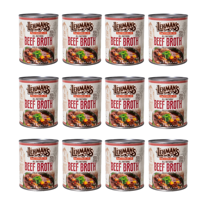 Twelve cans of handcrafted all-natural beef broth labeled for convenient use in stews, soups, and casseroles, featured for Farm, Garden & Tool, Kitchen & Food, Emergency Supplies, Food, Meats, Best Sellers, and Promo Eligible collections.