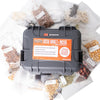 Rugged waterproof seed vault case surrounded by labeled packets of assorted heirloom vegetable, herb, and garden seeds, highlighting a unique garden and farm supply kit.