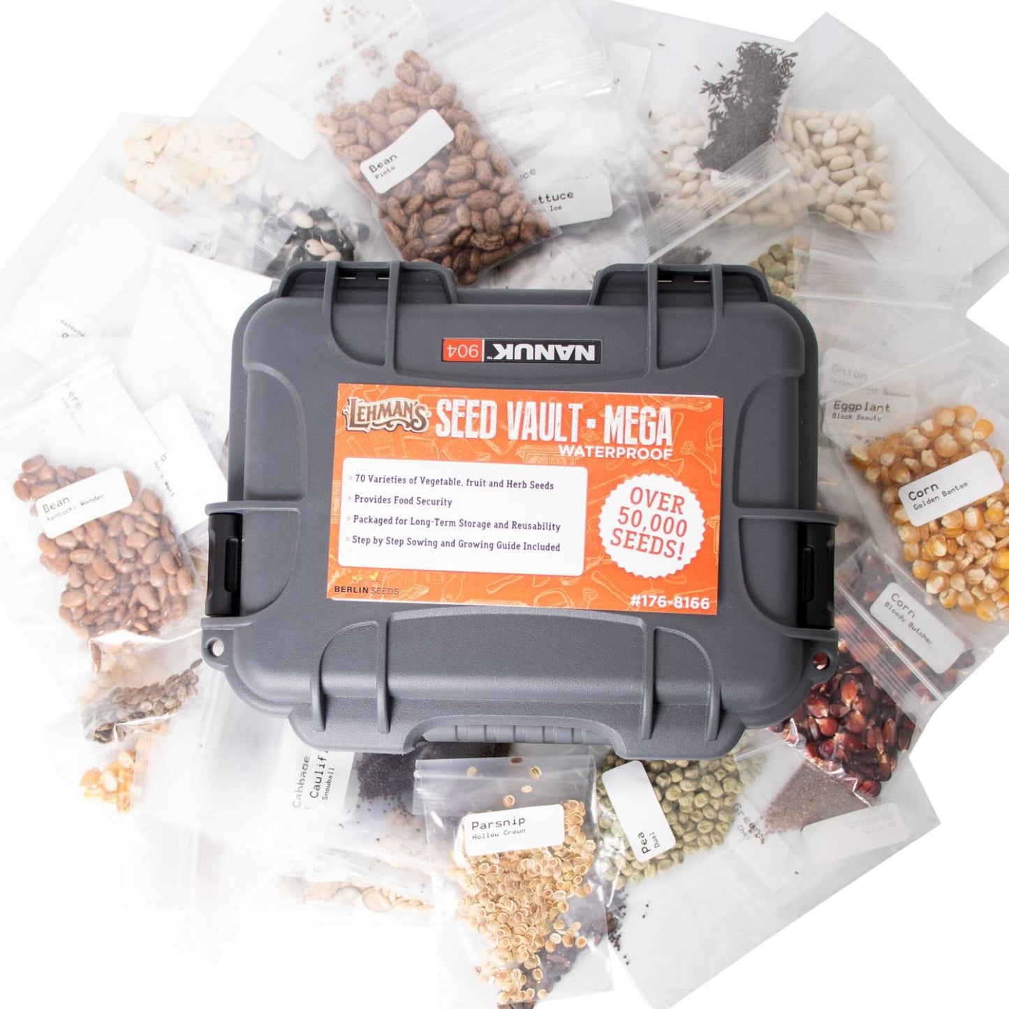 Rugged waterproof seed vault case surrounded by labeled packets of assorted heirloom vegetable, herb, and garden seeds, highlighting a unique garden and farm supply kit.
