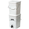 White two-bucket water filtration system with metal handles and a spigot on the lower bucket, designed for durable, portable water purification in farm, garden, emergency, and appliance use.