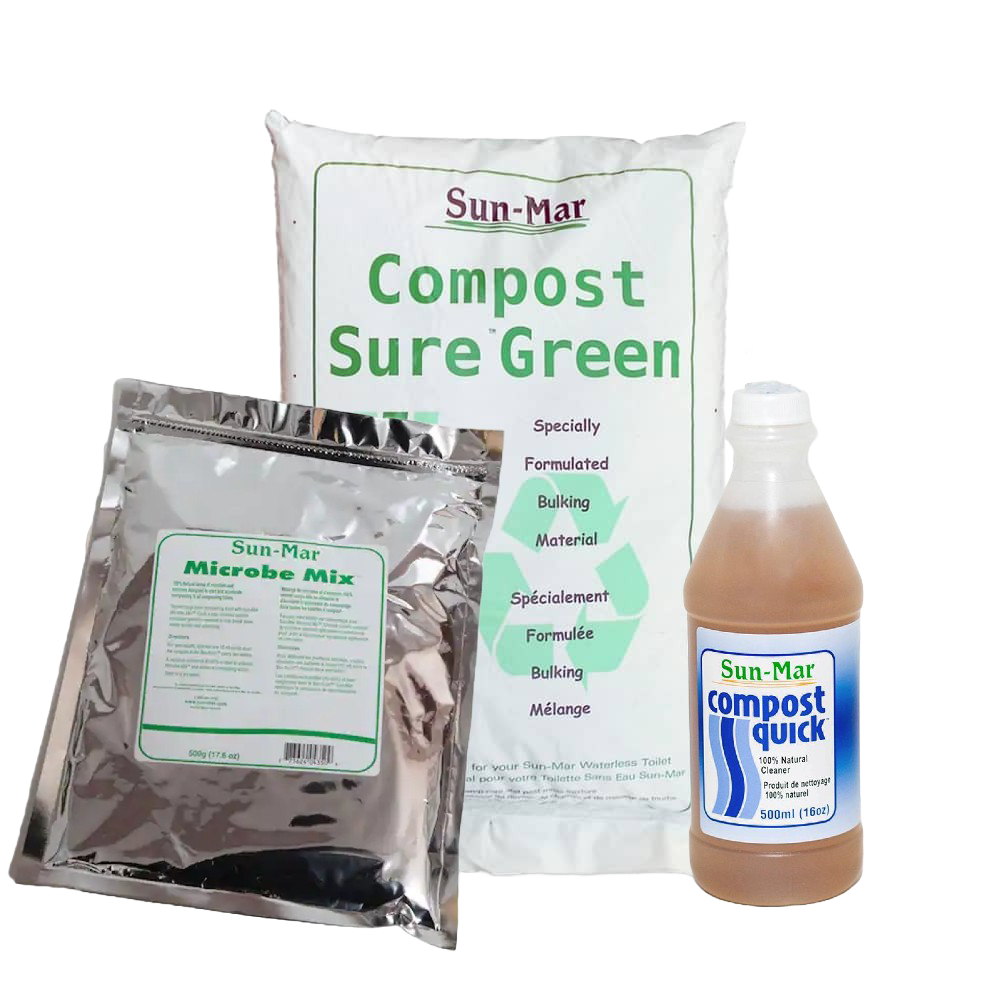 Set of three handcrafted composting supplies including Compost Sure bulking material, Microbe Mix aerobic bacteria, and Compost Quick natural cleaner, designed for composting toilets in Appliances, Composting Toilets, Best Sellers, and Promo Eligible collections.