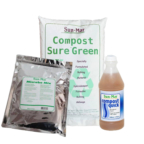 Set of three handcrafted composting supplies including Compost Sure bulking material, Microbe Mix aerobic bacteria, and Compost Quick natural cleaner, designed for composting toilets in Appliances, Composting Toilets, Best Sellers, and Promo Eligible collections.
