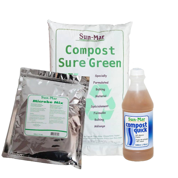 Set of three handcrafted composting supplies including Compost Sure bulking material, Microbe Mix aerobic bacteria, and Compost Quick natural cleaner, designed for composting toilets in Appliances, Composting Toilets, Best Sellers, and Promo Eligible collections.