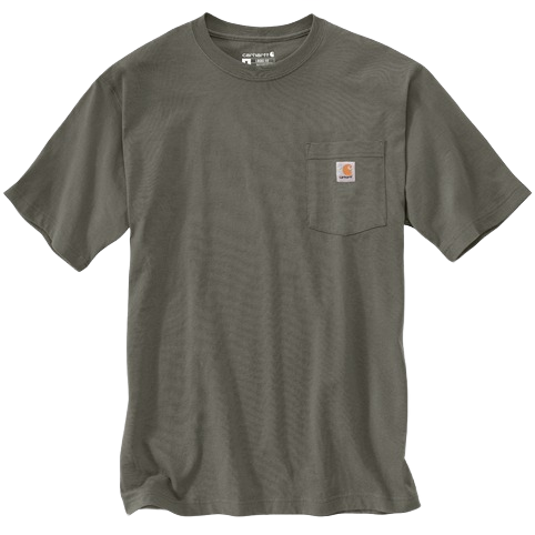 Unique heavyweight cotton short-sleeve shirt in muted olive featuring a chest pocket with logo patch, rib-knit crewneck, and side-seam construction, part of Health & Wellness and Best Sellers collections.
