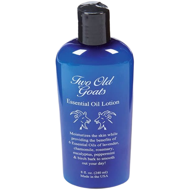 Blue bottle of non-greasy essential oil lotion made in the USA, featuring six therapeutic oils for soothing skin, ideal for Health & Wellness and Balms, Creams and Lotions collections.