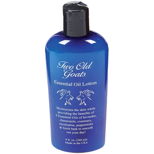 Blue bottle of non-greasy essential oil lotion made in the USA, featuring six therapeutic oils for soothing skin, ideal for Health & Wellness and Balms, Creams and Lotions collections.