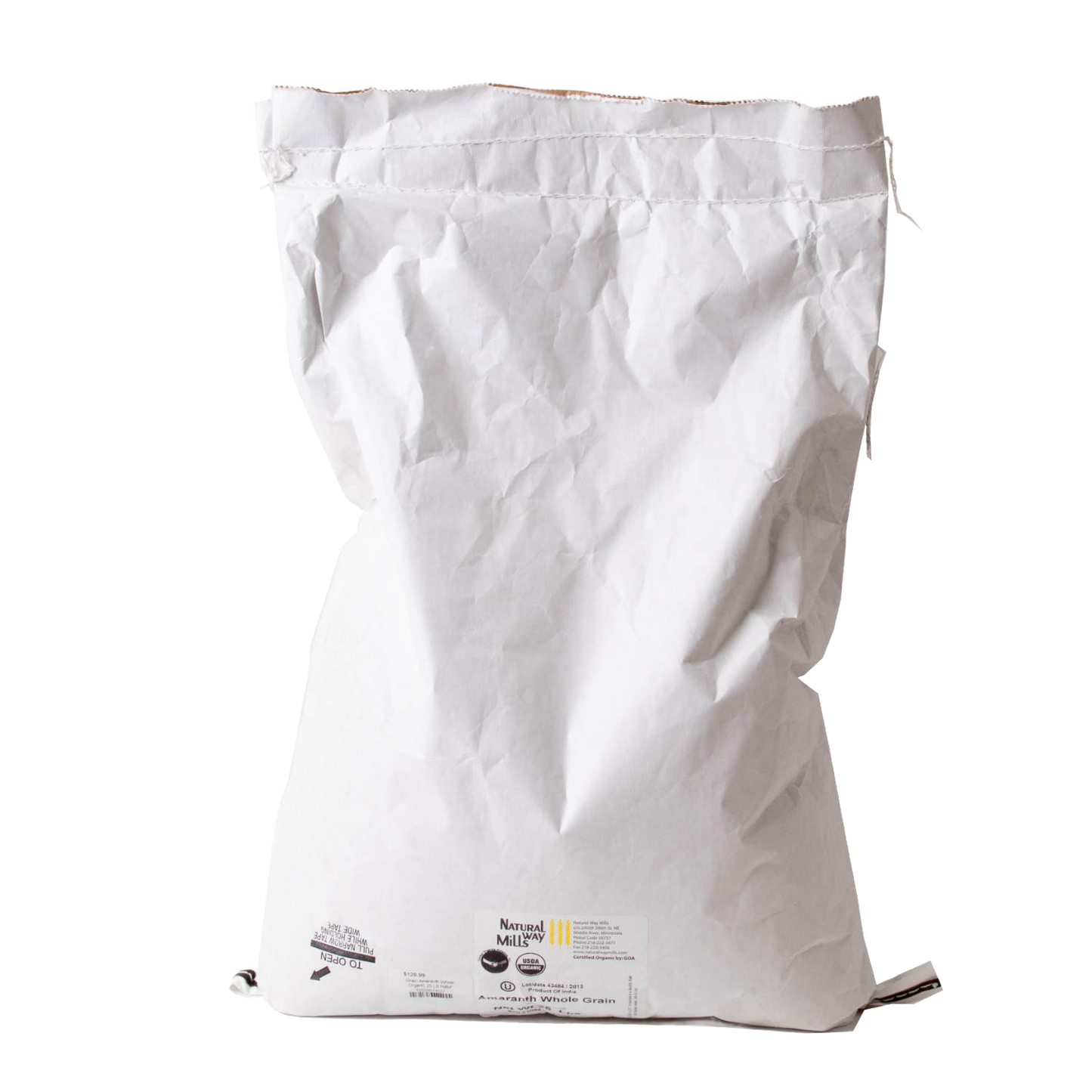 Large white paper bag of organic whole amaranth grain with printed label, ideal for use in kitchen, pantry, and bread making supplies collections.