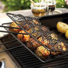 Nonstick grilling basket with black coated wire rack holding twelve evenly spaced grilled meatballs, featuring a rosewood handle, ideal for outdoor cooking and camping use.
