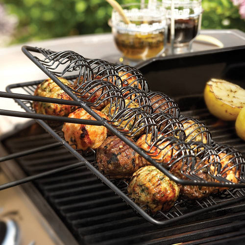 Nonstick grilling basket with black coated wire rack holding twelve evenly spaced grilled meatballs, featuring a rosewood handle, ideal for outdoor cooking and camping use.