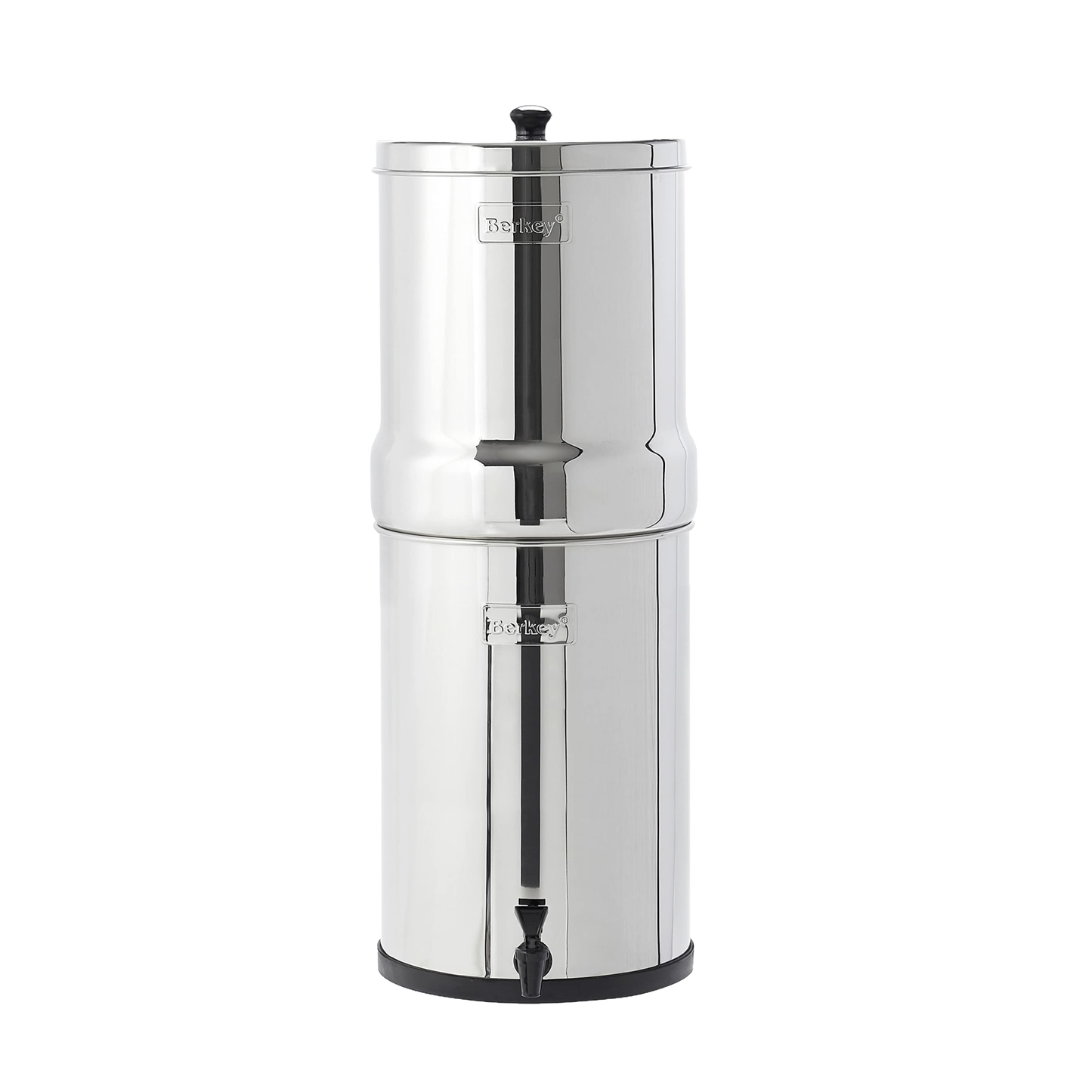 Tall stainless steel water filter with two chambers and spigot, designed for high-capacity water purification, featured in Appliances, Emergency Supplies, and Berkey Water Filters collections.