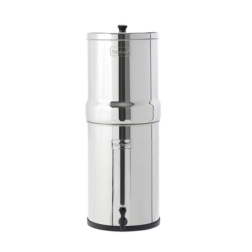 Tall stainless steel water filter with two chambers and spigot, designed for high-capacity water purification, featured in Appliances, Emergency Supplies, and Berkey Water Filters collections.
