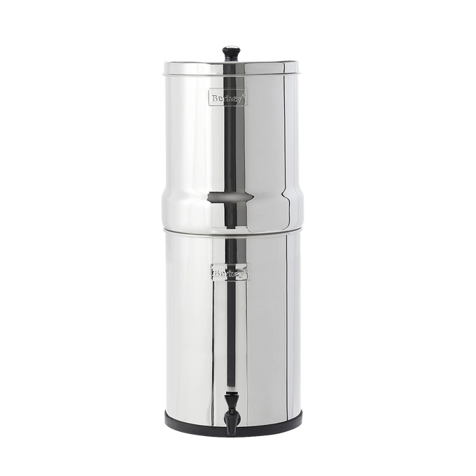 Tall stainless steel water filter with two chambers and spigot, designed for high-capacity water purification, featured in Appliances, Emergency Supplies, and Berkey Water Filters collections.