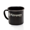 Black enamel steel mug with white logo and metal rim, designed for Farm, Garden & Tool, Camping, Kitchen & Food, Brewing Coffee and Tea, Dinnerware, and Best Sellers collections.