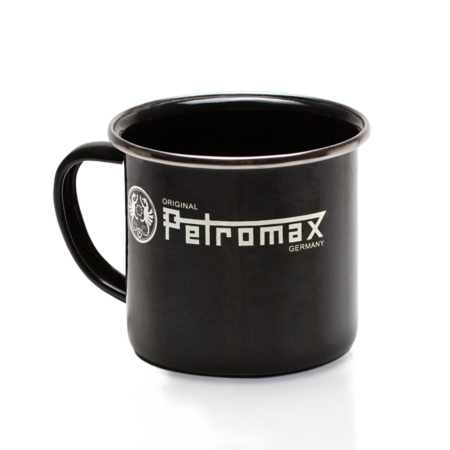 Black enamel steel mug with white logo and metal rim, designed for Farm, Garden & Tool, Camping, Kitchen & Food, Brewing Coffee and Tea, Dinnerware, and Best Sellers collections.