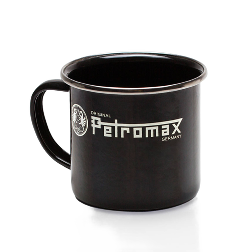 Black enamel steel mug with white logo and metal rim, designed for Farm, Garden & Tool, Camping, Kitchen & Food, Brewing Coffee and Tea, Dinnerware, and Best Sellers collections.