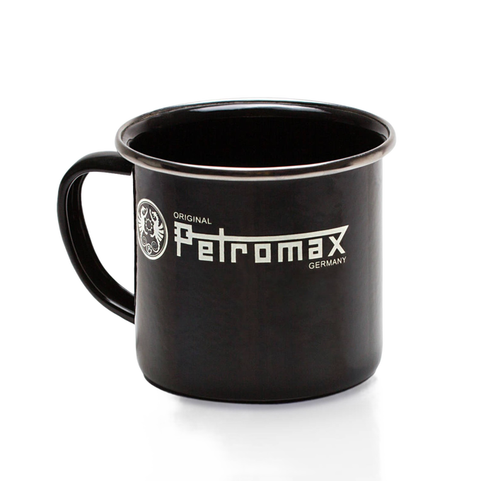Black enamel steel mug with white logo and metal rim, designed for Farm, Garden & Tool, Camping, Kitchen & Food, Brewing Coffee and Tea, Dinnerware, and Best Sellers collections.