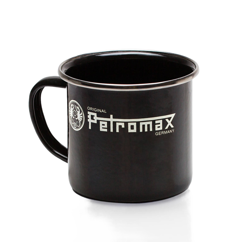 Black enamel steel mug with white logo and metal rim, designed for Farm, Garden & Tool, Camping, Kitchen & Food, Brewing Coffee and Tea, Dinnerware, and Best Sellers collections.