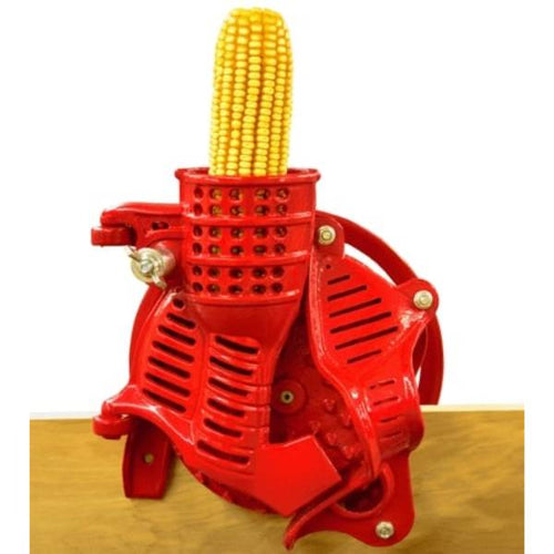 Handcrafted red cast iron corn sheller with a sturdy design, fitted with a yellow ear of corn, part of Farm, Garden & Tool and Best Sellers collections.