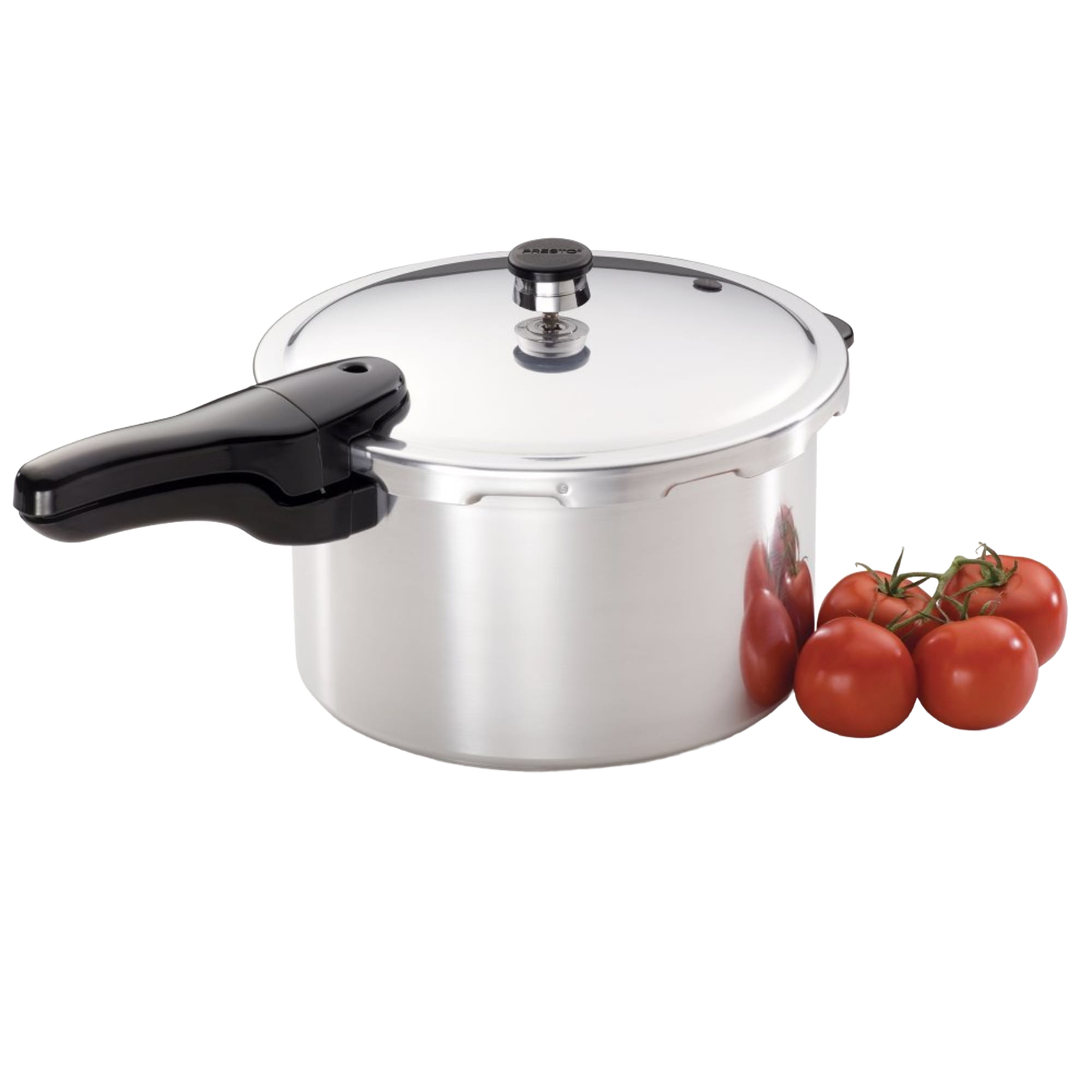 Handcrafted aluminum pressure cooker with a polished surface and black handle, shown alongside fresh vine-ripened tomatoes, featured in Kitchen & Food, Cookware, Pots and Pans, Best Sellers, and Promo Eligible collections.