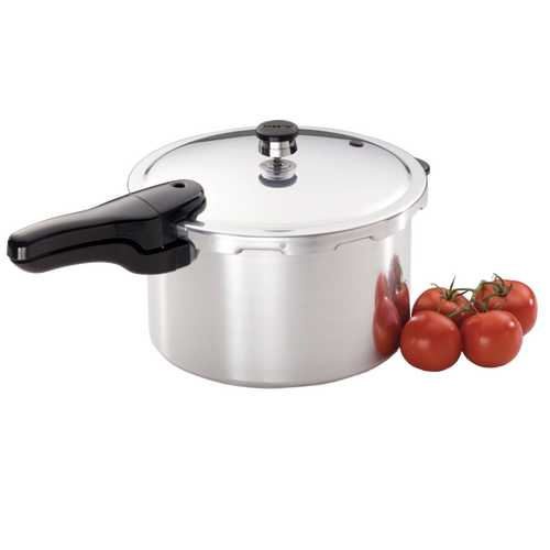 Handcrafted aluminum pressure cooker with a polished surface and black handle, shown alongside fresh vine-ripened tomatoes, featured in Kitchen & Food, Cookware, Pots and Pans, Best Sellers, and Promo Eligible collections.