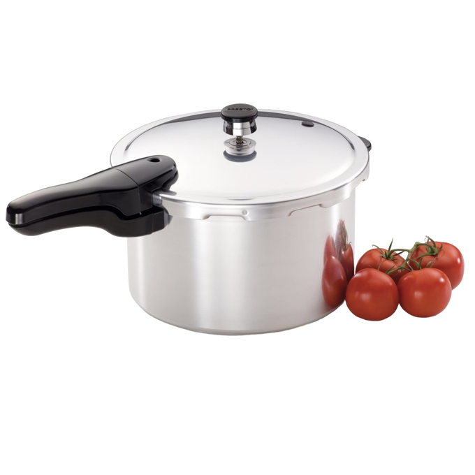 Handcrafted aluminum pressure cooker with a polished surface and black handle, shown alongside fresh vine-ripened tomatoes, featured in Kitchen & Food, Cookware, Pots and Pans, Best Sellers, and Promo Eligible collections.