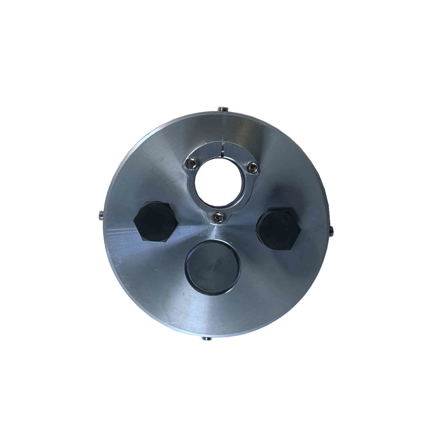Round all-metal well cap with split flange and threaded ports designed for secure fitting with submersible pumps, crafted in the USA, featured in water pumps and appliance collections.